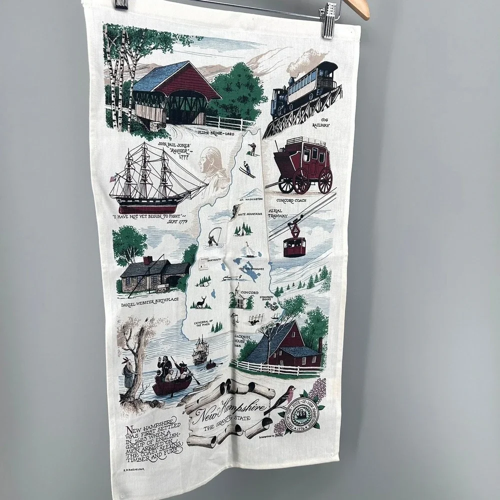 VTG Kitchen Tea Towel Kay Dee Batchelder Linen New Hampshire TOURIST WALL ART